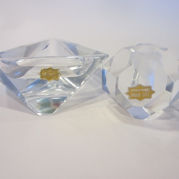 Superior Quality Hand Cut Crystal Candle Holder & Bowl Made In Japan New - Picture 1 of 6